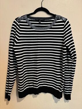 Sophisticated Black and White Striped Rayon Blend Crew Lightweight Pullover, XL